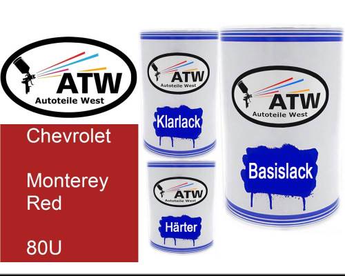 Chevrolet, Monterey Red, 80U: 500ml Lackdose + 500ml Klarlack + 250ml Härter - Set, von ATW Autoteile West.